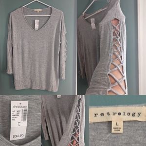 New with tags, large gray top with cut out sleeves